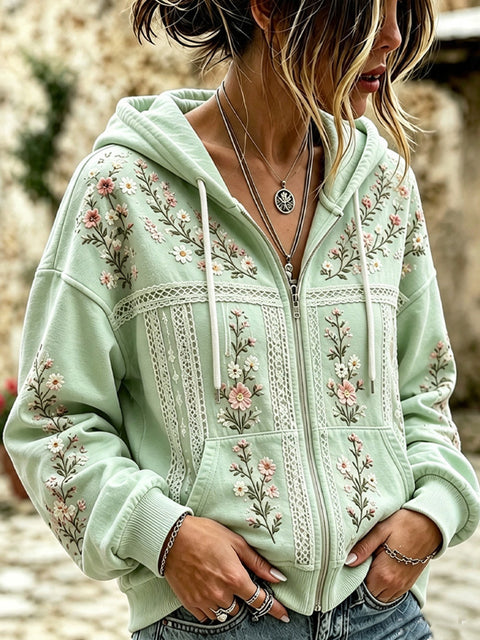 Sequin floral elements 3D digital printing loose casual hooded sweater m303215