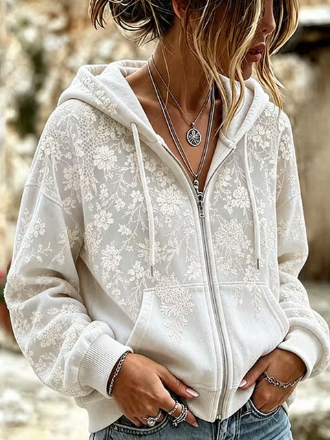 Sequin floral elements 3D digital printing loose casual hooded sweater m303215