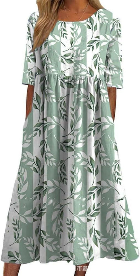 Damen Casual Rundhals Pullover Kurzarm 3D Druck Plissee Taille Swing Langes Kleid m301299 