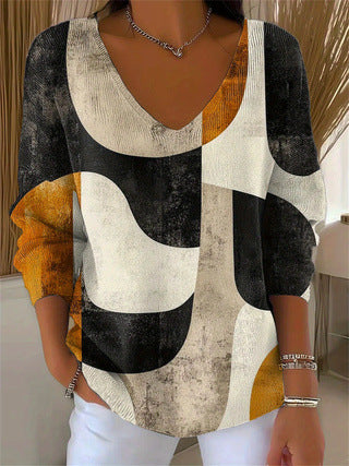 Shoulder V-neck long-sleeved autumn leaf 3D digital printing women's top FF303401