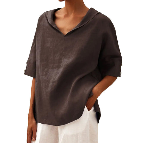 Einfarbiges, lockeres T-Shirt aus Baumwolle und Leinen für Damen mit Kapuze m301294 