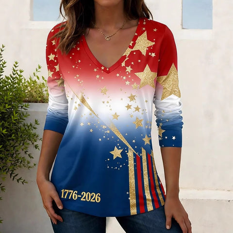Short Sleeve V-Neck Long Sleeve T-Shirt Independence Day Element Print m302367