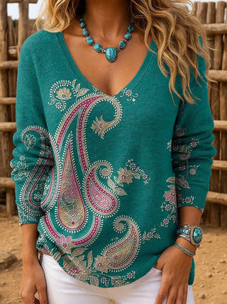 Shoulder V-neck Long Sleeve Pullover 3D Digital Printing Women's Top T-Shirt FF303430 02