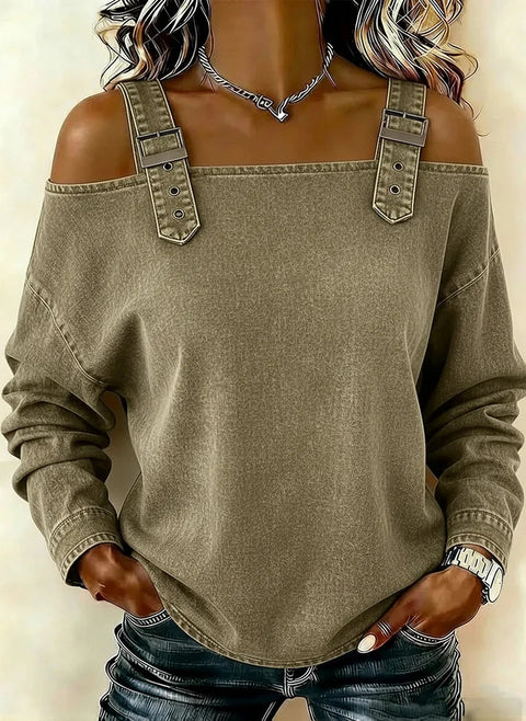 One-word tie shoulder strap long-sleeved top m303209