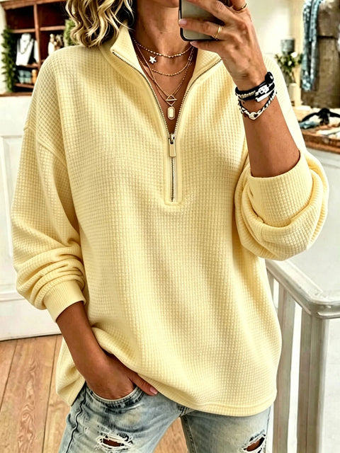 Waffle sweater lazy style half turtleneck half zipper loose long sleeve top FF303324