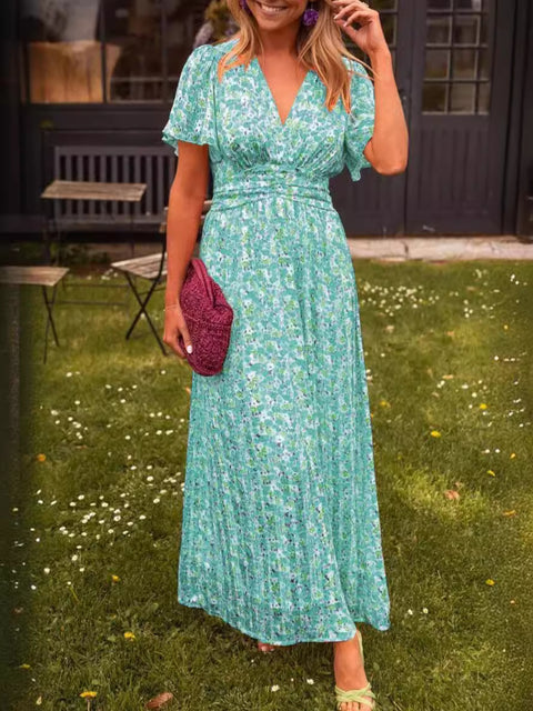 Temperament bedrucktes Kleid mit V-Ausschnitt und Taille m301307 