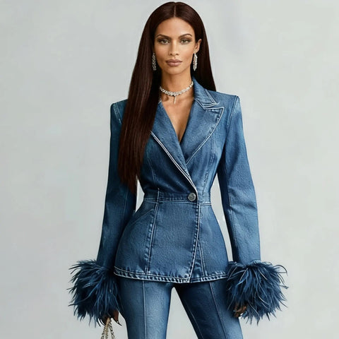 Denim jacket long sleeve waist suit collar ostrich hair decorative fashion temperament top FF303451