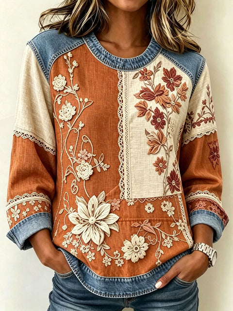 Floral Element Crew Neck Shoulder Splicing Denim Sweater FF303272