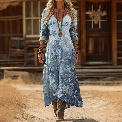Creative tie-dye 3D printing women's new V-neck long-sleeved dress medium and long dress m302799