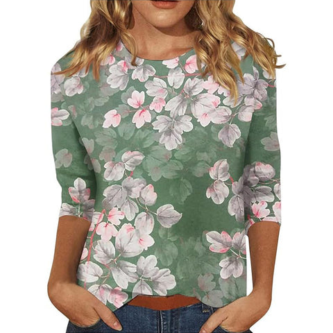 Pull ras du cou à manches sept-quarts et imprimé 3D de fleurs et de plantes m300615 