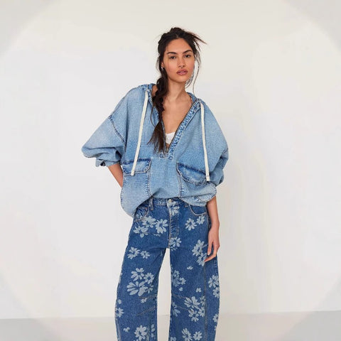 Fashion Loose Casual Wash Hooded Denim Long Sleeve Top FF303253