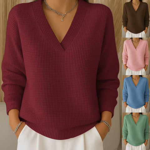 Women's Casual Loose Fashion Solid Color Waffle Long Sleeve Pullover M302343