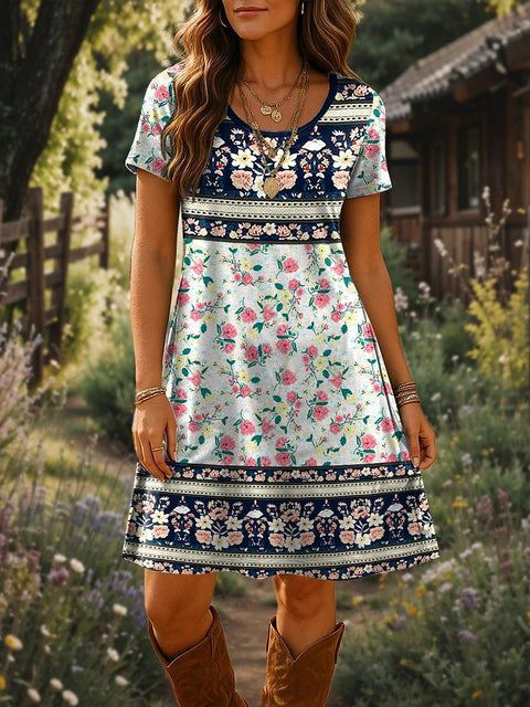 Versatile polka dot flower short-sleeved round neck medium and long skirt m302614