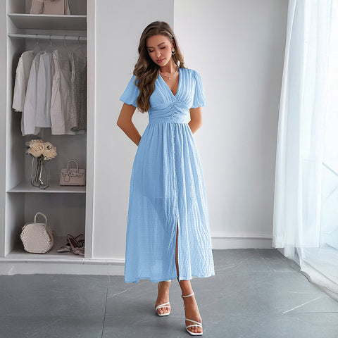 Robe longue à manches courtes et décolleté plongeant en V, style vacances, m301395 