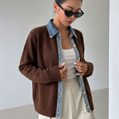 Fake two-piece lapel knitted cardigan autumn and winter loose women's long-sleeved top FF303348
