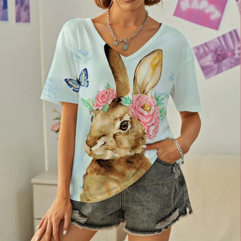 Spring new rabbit pattern printed short-sleeved crew neck T-shirt m302418