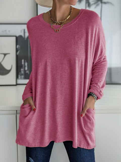 Rundhalsausschnitt Langarm lose Tasche einfarbig T-Shirt lässig Damenbekleidung m301315 