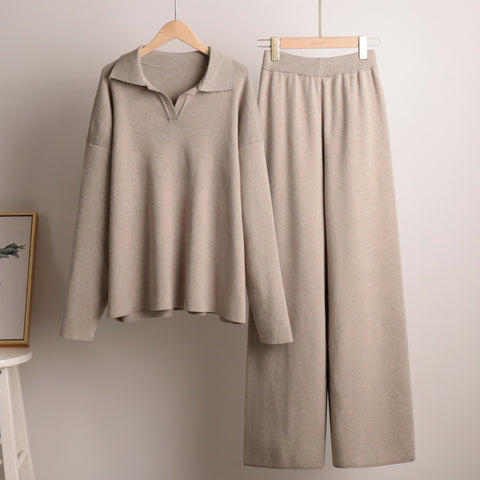 Knitted set European and American autumn and winter sweater set Polo neck knitted jumper + wide-leg trousers two-piece set m301788