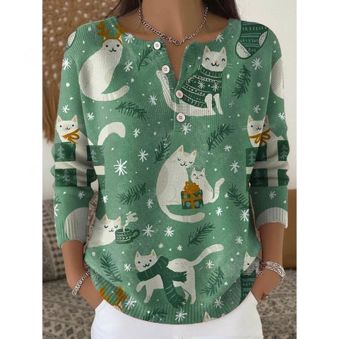 Vintage 3D digital printing four-button stand-up collar Polo sweater women m302158