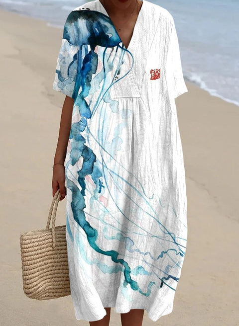 Large size women's shirt short-sleeved dress floral seaside vacation dress m302744