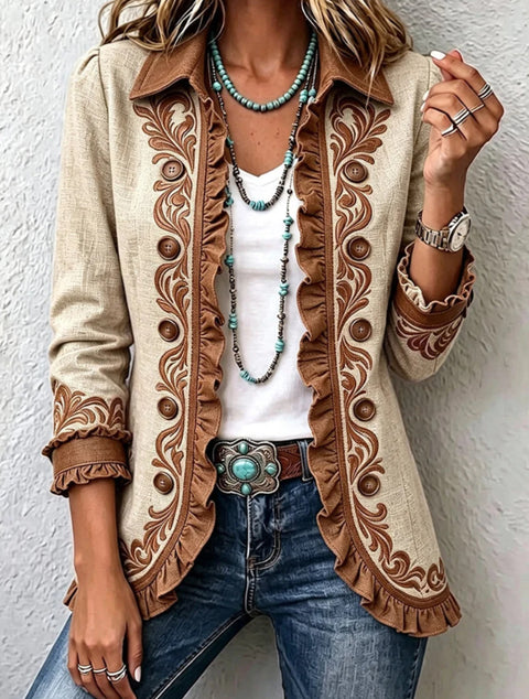 Women's fashion long-sleeved ruffle leaf open button cardigan FF303384 01