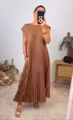 Robe plissée sans manches à col rond tendance m301308 