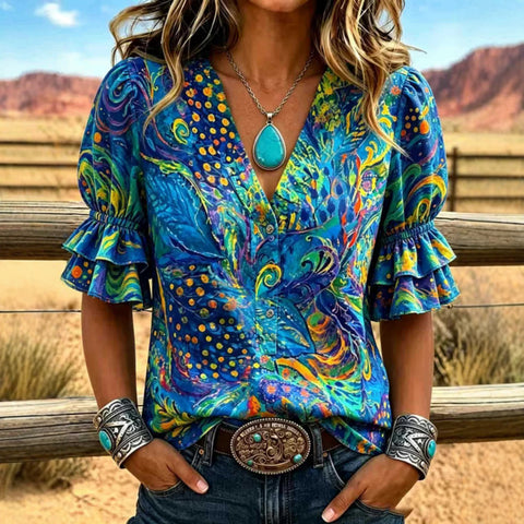 V-neck three-button top digital print horn-sleeved shirt FF303334