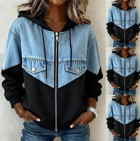 Hooded open zipper long sleeve denim washed old splicing jacket FF303372