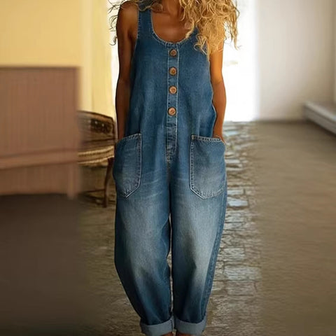 Retro trend wide-leg pants overalls women's sleeveless imitation denim m302436