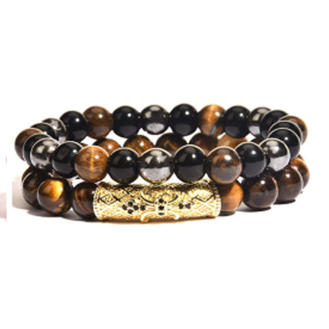 Elastisches Armband aus Tigerauge-Kupfer mit Mikroeinlage, schwarzer, matter Zirkonia, m3331288