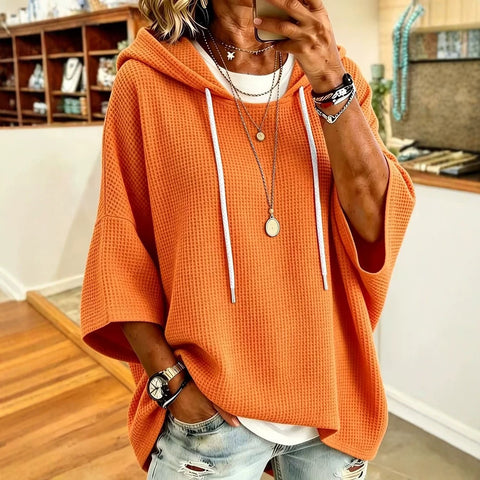 Knitted hooded drawstring sweater waffle with loose m303063