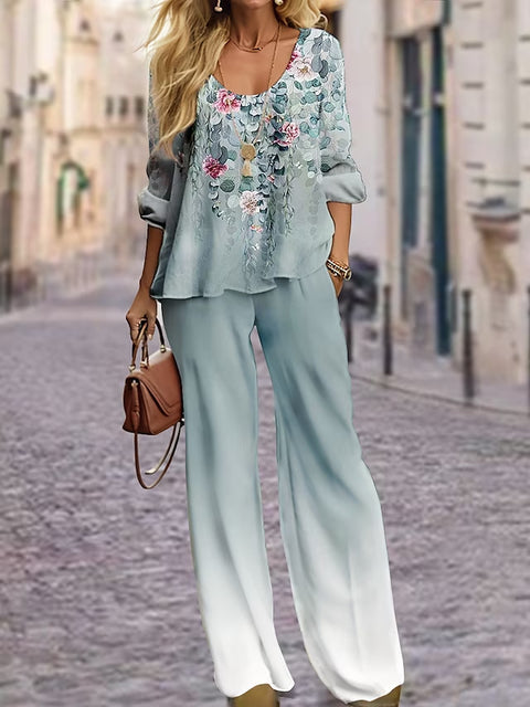 Long Sleeve Set Crew Neck Linen Printed Shirt Set m301254