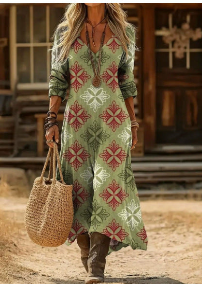 Women's loose V-neck fashion high-end long-sleeved printed collar dress m302766