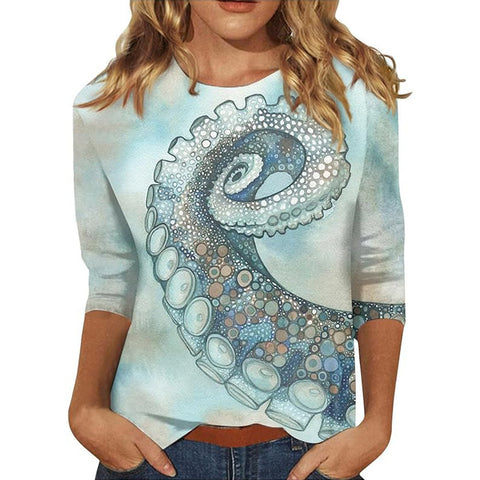 Pull ras du cou à manches sept-quarts et imprimé 3D de fleurs et de plantes m300615 