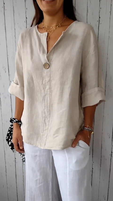 Lockeres T-Shirt Damen V-Ausschnitt Baumwolle und Leinen Button-Up Top m300385 