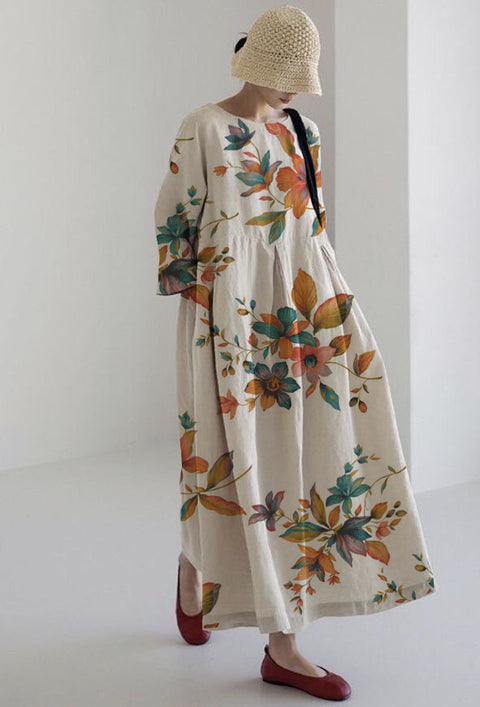 Loose crew neck fashion high-end long-sleeved printed dress m301054
