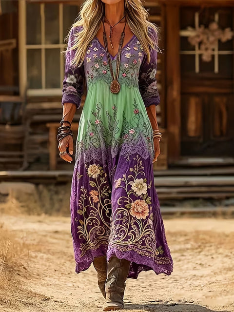 Creative tie-dye 3D printing women's new V-neck long-sleeved dress medium and long dress m302799