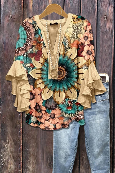Creative floral element printing digital printing casual trend V-neck lotus edge T-shirt women's top m301778