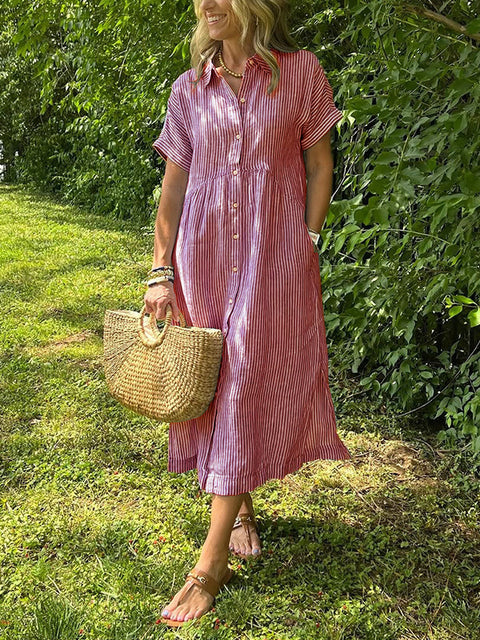 Loose large size striped short-sleeved shirt dress women's summer new casual cotton and linen medium and long skirt m302066