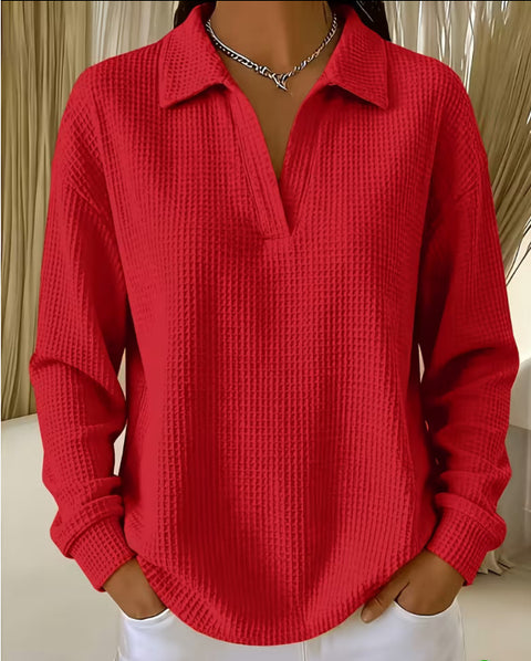 Waffle Lapel Long Sleeve Polo Top m303214