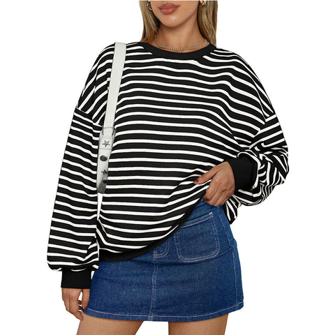 Herbst und Winter neue Farbe gestreiften Rundhalsausschnitt lose Sweatshirt Pullover m300527 
