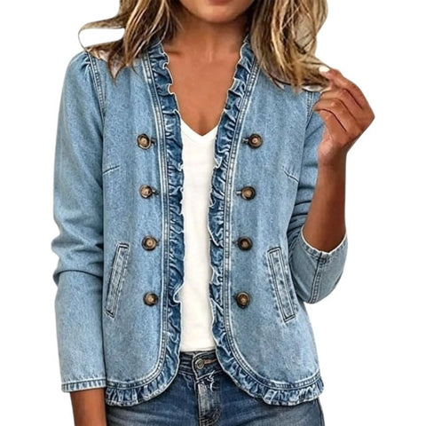 Washed denim jacket women's ruffle edge button-up denim jacket FF303256