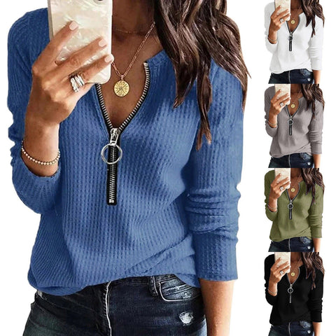 Knitted V-neck Long-Sleeve Zipper Top plus Size T-shirt Female M300174