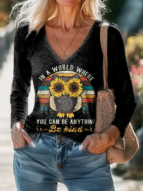Casual V-neck long-sleeved pullover digital printing T-shirt FF303115
