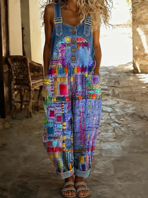 Retro trend wide-leg pants overalls women's sleeveless imitation denim m302436