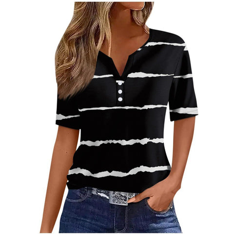 V-neck three-button 3D printed short-sleeved women's top m300617