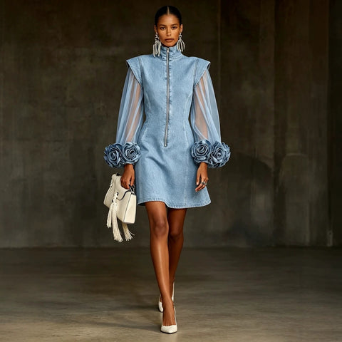 Fashion mesh stitching denim flower dress FF303453
