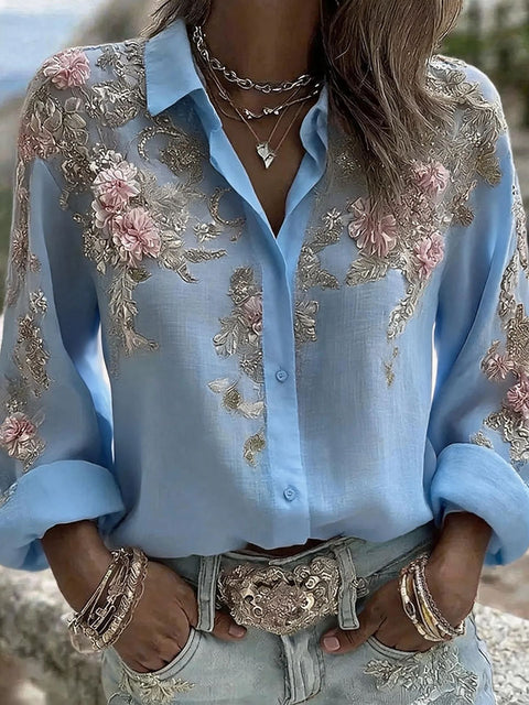 Flower lapel long-sleeved button-down women's shirt m303076