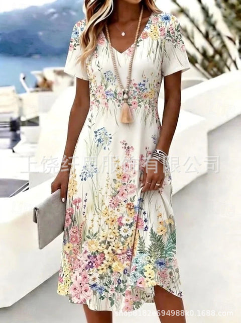 Printed women's v-neck short-sleeved temperament fashion dress m303046