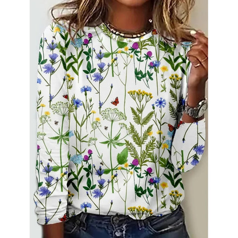 Langarm T-Shirt Damen Einfarbig Blume m300934 
